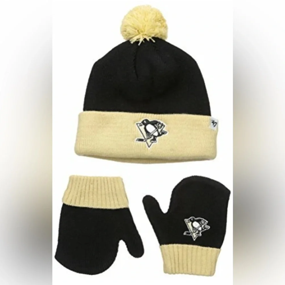NWT [‘47] Pittsburgh Penguins 🐧 NHL Knit Beanie Hat & Mittens Set Black, Infant